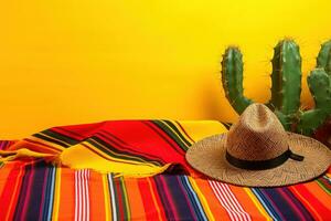 ai generado mexicano sombrero y cactus en amarillo antecedentes foto