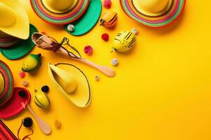 AI generated colorful mexican hats and other items on a yellow background photo