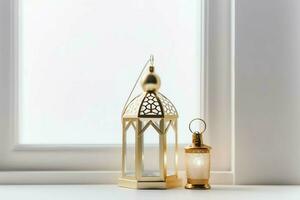 Eid mubarak and ramadan kareem greetings with islamic lantern and mosque. Eid al fitr background. Eid al fitr background of window concept by AI Generated photo