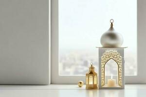 Eid mubarak and ramadan kareem greetings with islamic lantern and mosque. Eid al fitr background. Eid al fitr background of window concept by AI Generated photo