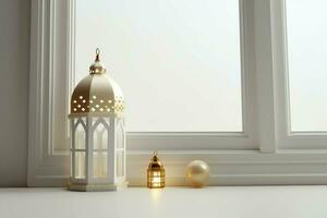 Eid mubarak and ramadan kareem greetings with islamic lantern and mosque. Eid al fitr background. Eid al fitr background of window concept by AI Generated photo