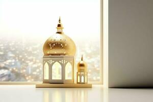 Eid mubarak and ramadan kareem greetings with islamic lantern and mosque. Eid al fitr background. Eid al fitr background of window concept by AI Generated photo
