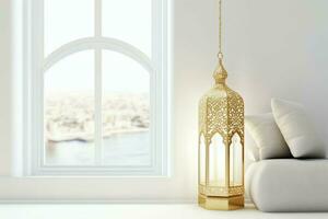 Eid mubarak and ramadan kareem greetings with islamic lantern and mosque. Eid al fitr background. Eid al fitr background of window concept by AI Generated photo