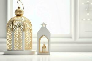 Eid mubarak and ramadan kareem greetings with islamic lantern and mosque. Eid al fitr background. Eid al fitr background of window concept by AI Generated photo