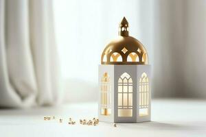 Eid mubarak and ramadan kareem greetings with islamic lantern and mosque. Eid al fitr background. Eid al fitr background of window concept by AI Generated photo
