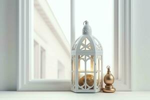 Eid mubarak and ramadan kareem greetings with islamic lantern and mosque. Eid al fitr background. Eid al fitr background of window concept by AI Generated photo