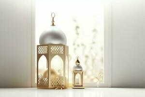 Eid mubarak and ramadan kareem greetings with islamic lantern and mosque. Eid al fitr background. Eid al fitr background of window concept by AI Generated photo