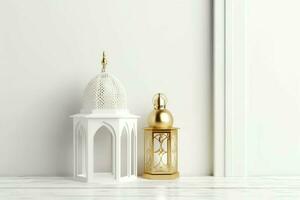 Eid mubarak and ramadan kareem greetings with islamic lantern and mosque. Eid al fitr background. Eid al fitr background of window concept by AI Generated photo