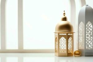 Eid mubarak and ramadan kareem greetings with islamic lantern and mosque. Eid al fitr background. Eid al fitr background of window concept by AI Generated photo