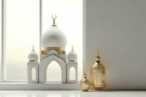Eid mubarak and ramadan kareem greetings with islamic lantern and mosque. Eid al fitr background. Eid al fitr background of window concept by AI Generated photo