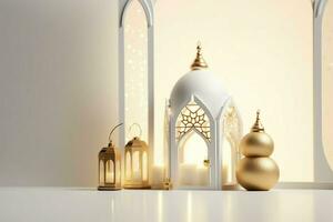 Eid mubarak and ramadan kareem greetings with islamic lantern and mosque. Eid al fitr background. Eid al fitr background of window concept by AI Generated photo