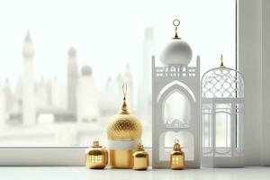 Eid mubarak and ramadan kareem greetings with islamic lantern and mosque. Eid al fitr background. Eid al fitr background of window concept by AI Generated photo