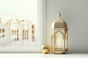 Eid mubarak and ramadan kareem greetings with islamic lantern and mosque. Eid al fitr background. Eid al fitr background of window concept by AI Generated photo