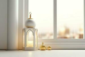 Eid mubarak and ramadan kareem greetings with islamic lantern and mosque. Eid al fitr background. Eid al fitr background of window concept by AI Generated photo