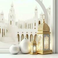 Eid mubarak and ramadan kareem greetings with islamic lantern and mosque. Eid al fitr background. Eid al fitr background of window concept by AI Generated photo