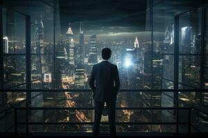AI generated Back view of Businessman looking at night City Ai generator photo