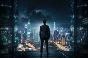 AI generated Back view of Businessman looking at night City Ai generator photo