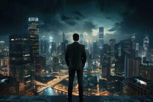 AI generated Back view of Businessman looking at night City Ai generator photo