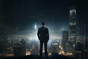 AI generated Back view of Businessman looking at night City Ai generator photo