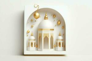 Eid mubarak and ramadan kareem greetings with islamic lantern and mosque. Eid al fitr background. Eid al fitr background of window concept by AI Generated photo