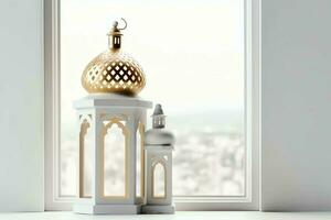 Eid mubarak and ramadan kareem greetings with islamic lantern and mosque. Eid al fitr background. Eid al fitr background of window concept by AI Generated photo
