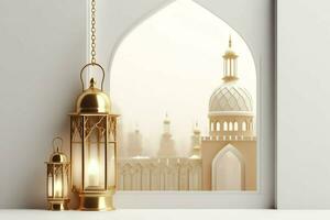 Eid mubarak and ramadan kareem greetings with islamic lantern and mosque. Eid al fitr background. Eid al fitr background of window concept by AI Generated photo