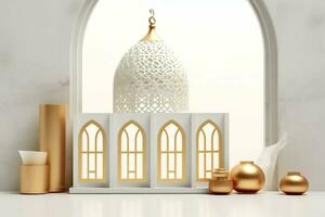 Eid mubarak and ramadan kareem greetings with islamic lantern and mosque. Eid al fitr background. Eid al fitr background of window concept by AI Generated photo