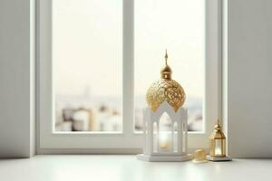 Eid mubarak and ramadan kareem greetings with islamic lantern and mosque. Eid al fitr background. Eid al fitr background of window concept by AI Generated photo