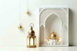 Eid mubarak and ramadan kareem greetings with islamic lantern and mosque. Eid al fitr background. Eid al fitr background of window concept by AI Generated photo