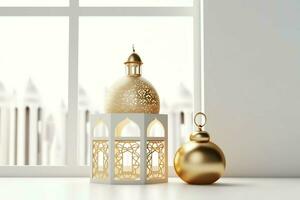 Eid mubarak and ramadan kareem greetings with islamic lantern and mosque. Eid al fitr background. Eid al fitr background of window concept by AI Generated photo