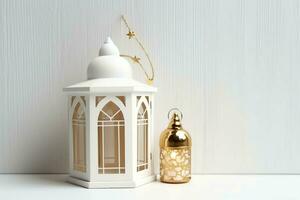 Eid mubarak and ramadan kareem greetings with islamic lantern and mosque. Eid al fitr background. Eid al fitr background of window concept by AI Generated photo