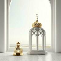 Eid mubarak and ramadan kareem greetings with islamic lantern and mosque. Eid al fitr background. Eid al fitr background of window concept by AI Generated photo