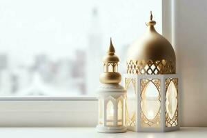 Eid mubarak and ramadan kareem greetings with islamic lantern and mosque. Eid al fitr background. Eid al fitr background of window concept by AI Generated photo