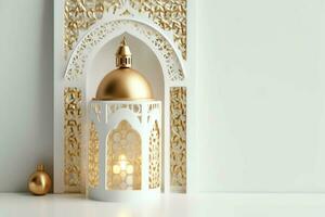 Eid mubarak and ramadan kareem greetings with islamic lantern and mosque. Eid al fitr background. Eid al fitr background of window concept by AI Generated photo