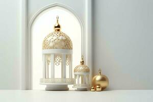 Eid mubarak and ramadan kareem greetings with islamic lantern and mosque. Eid al fitr background. Eid al fitr background of window concept by AI Generated photo