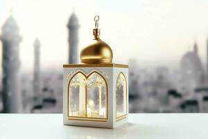 Eid mubarak and ramadan kareem greetings with islamic lantern and mosque. Eid al fitr background. Eid al fitr background of window concept by AI Generated photo