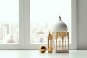 Eid mubarak and ramadan kareem greetings with islamic lantern and mosque. Eid al fitr background. Eid al fitr background of window concept by AI Generated photo