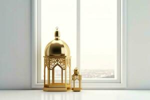 Eid mubarak and ramadan kareem greetings with islamic lantern and mosque. Eid al fitr background. Eid al fitr background of window concept by AI Generated photo