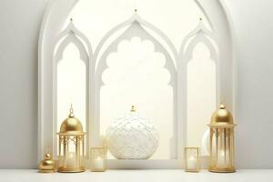 Eid mubarak and ramadan kareem greetings with islamic lantern and mosque. Eid al fitr background. Eid al fitr background of window concept by AI Generated photo