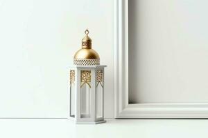 Eid mubarak and ramadan kareem greetings with islamic lantern and mosque. Eid al fitr background. Eid al fitr background of window concept by AI Generated photo