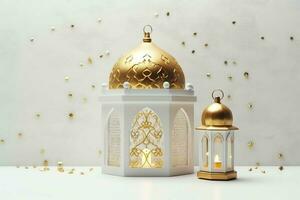 Eid mubarak and ramadan kareem greetings with islamic lantern and mosque. Eid al fitr background. Eid al fitr background of window concept by AI Generated photo