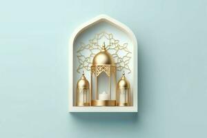 Eid mubarak and ramadan kareem greetings with islamic lantern and mosque. Eid al fitr background. Eid al fitr background of window concept by AI Generated photo