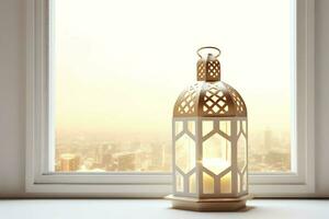Eid mubarak and ramadan kareem greetings with islamic lantern and mosque. Eid al fitr background. Eid al fitr background of window concept by AI Generated photo