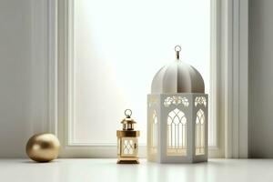 Eid mubarak and ramadan kareem greetings with islamic lantern and mosque. Eid al fitr background. Eid al fitr background of window concept by AI Generated photo