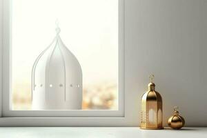 Eid mubarak and ramadan kareem greetings with islamic lantern and mosque. Eid al fitr background. Eid al fitr background of window concept by AI Generated photo