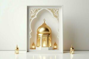 Eid mubarak and ramadan kareem greetings with islamic lantern and mosque. Eid al fitr background. Eid al fitr background of window concept by AI Generated photo