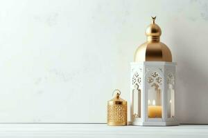 Eid mubarak and ramadan kareem greetings with islamic lantern and mosque. Eid al fitr background. Eid al fitr background of window concept by AI Generated photo