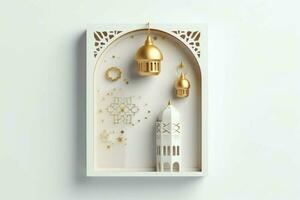 Eid mubarak and ramadan kareem greetings with islamic lantern and mosque. Eid al fitr background. Eid al fitr background of window concept by AI Generated photo