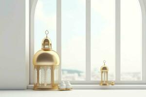 Eid mubarak and ramadan kareem greetings with islamic lantern and mosque. Eid al fitr background. Eid al fitr background of window concept by AI Generated photo