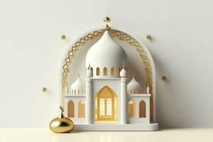 Eid mubarak and ramadan kareem greetings with islamic lantern and mosque. Eid al fitr background. Eid al fitr background of window concept by AI Generated photo